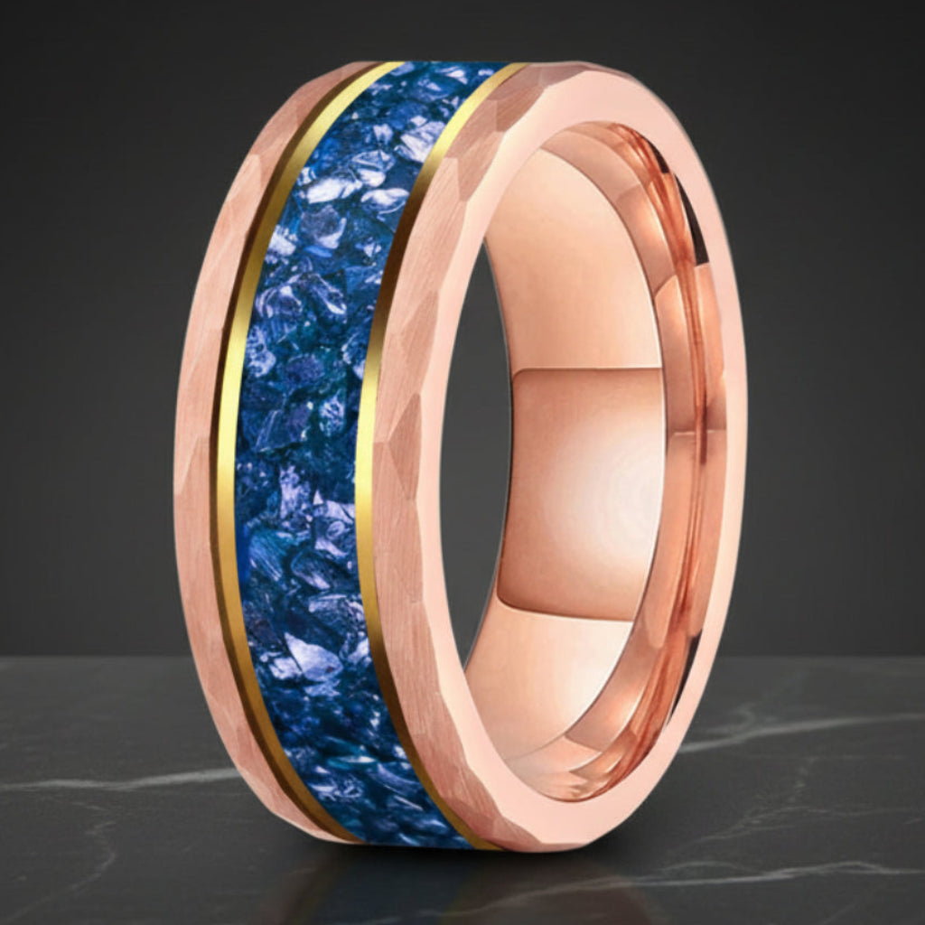 Hammered Tungsten Ring with Blue Crystal Inlay