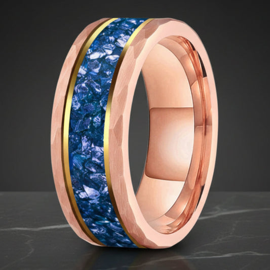 Hammered Tungsten Ring with Blue Crystal Inlay
