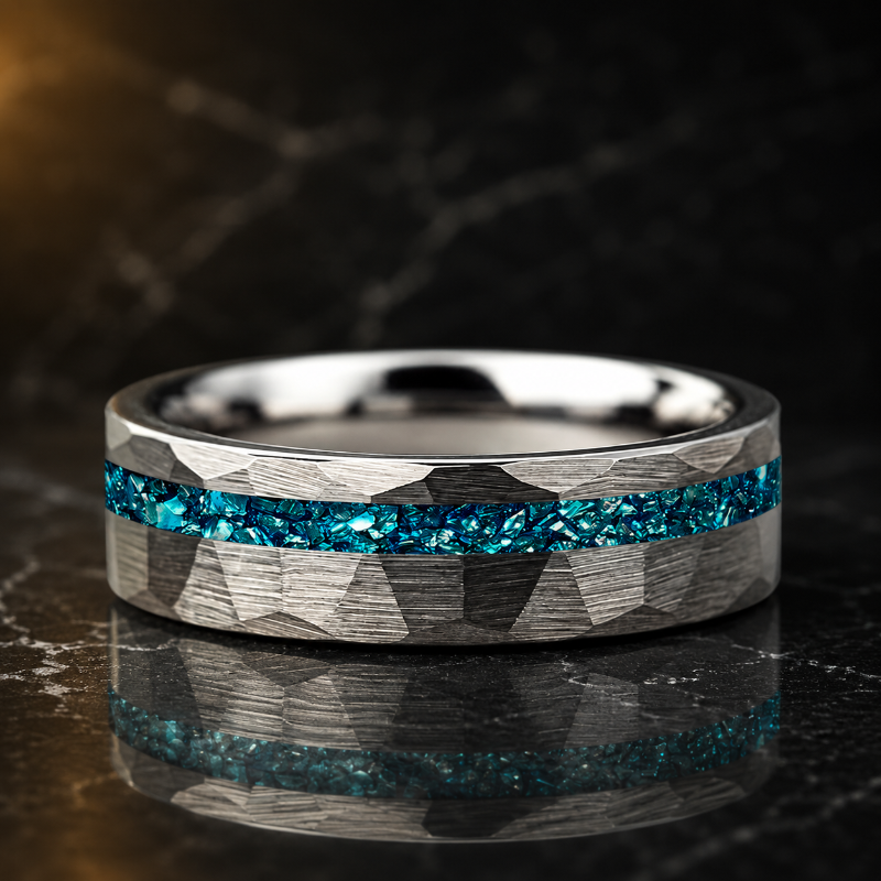 Hammered Tungsten Ring with Blue Crystal Stone Inlay
