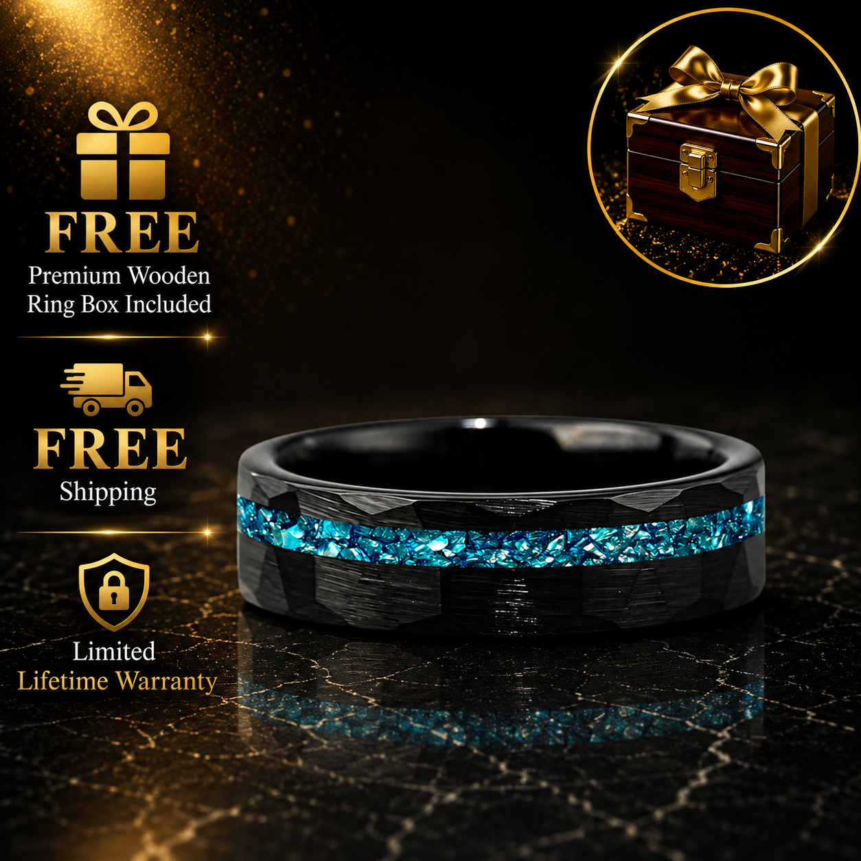 Hammered Tungsten Ring with Blue Crystal Stone Inlay