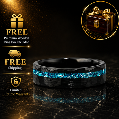Hammered Tungsten Ring with Blue Crystal Stone Inlay