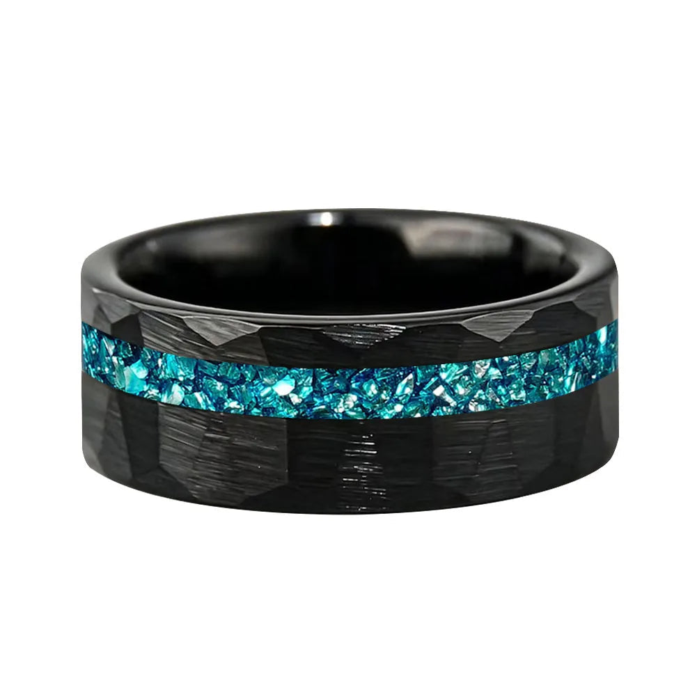 Hammered Tungsten Ring with Blue Crystal Stone Inlay
