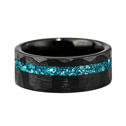 Hammered Tungsten Ring with Blue Crystal Stone Inlay
