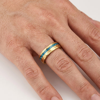 Hammered Tungsten Ring with Blue Crystal Stone Inlay