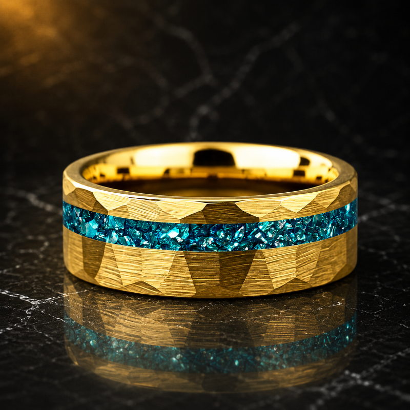Hammered Tungsten Ring with Blue Crystal Stone Inlay