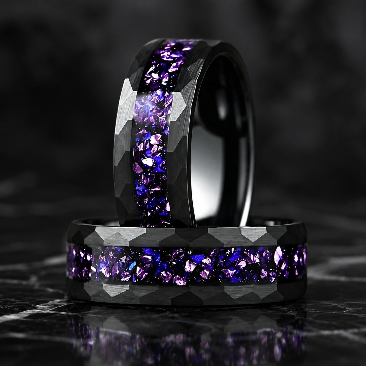 Hammered Tungsten Ring with Blue Galaxy & Purple Crystal Inlay