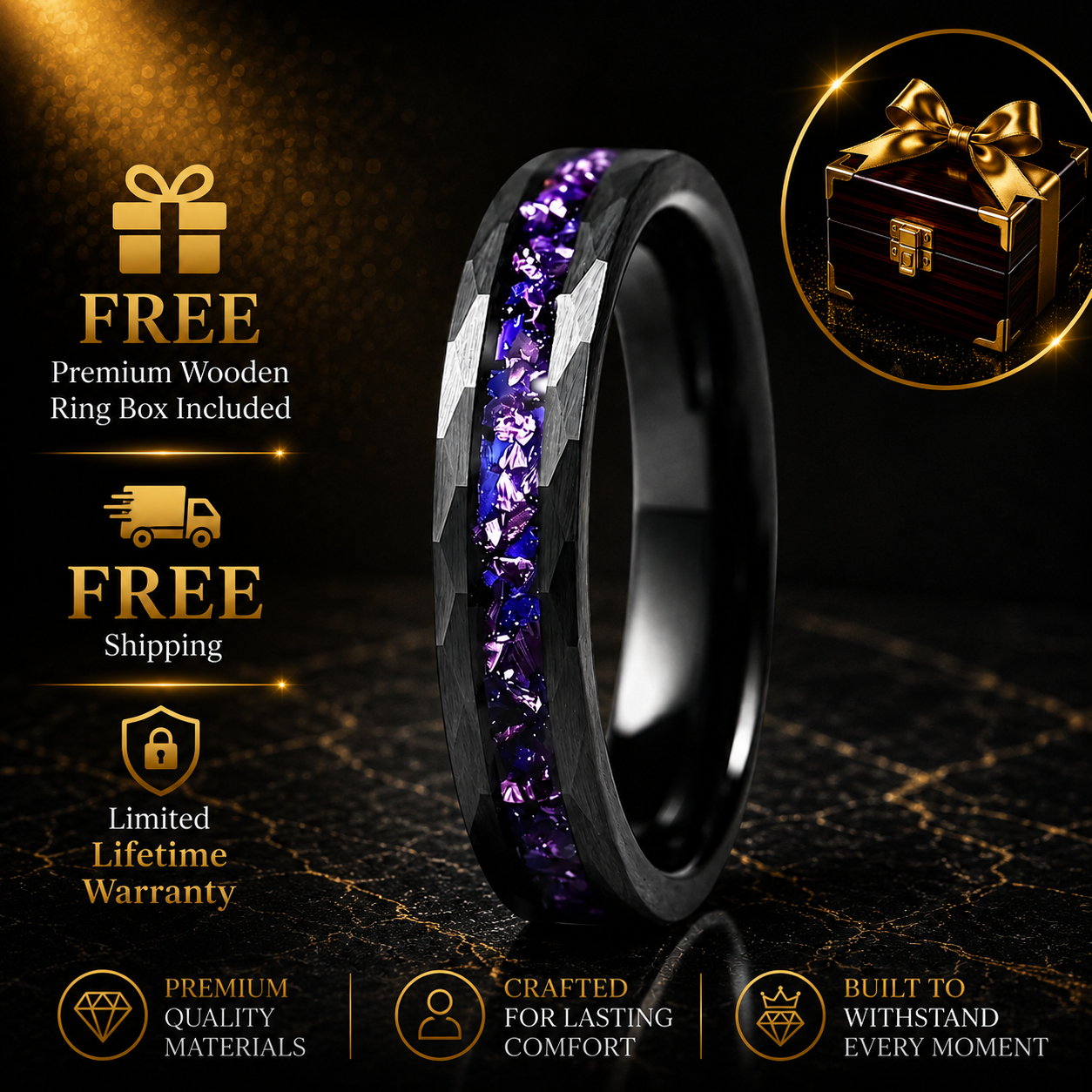 Hammered Tungsten Ring with Blue Galaxy & Purple Crystal Inlay