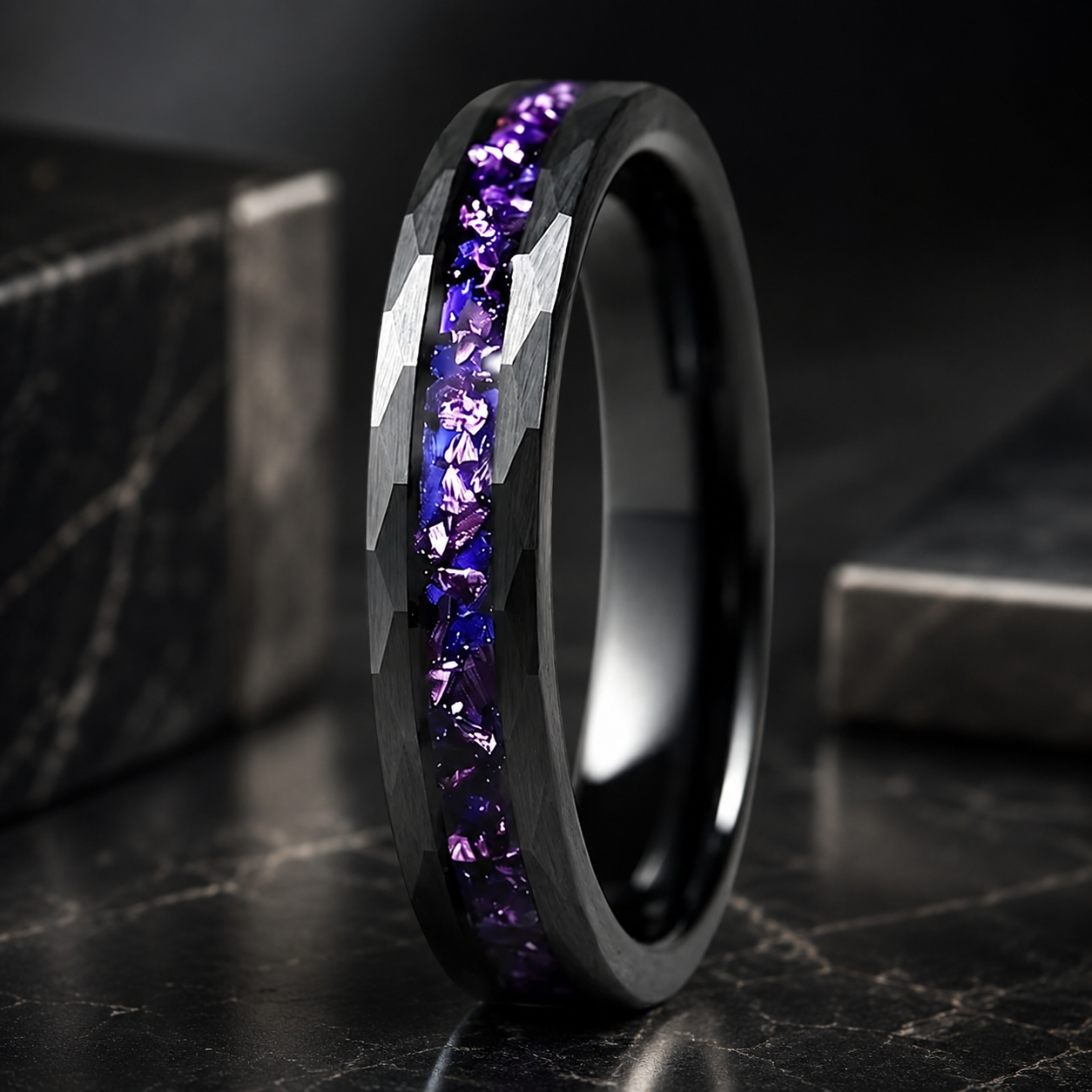 Hammered Tungsten Ring with Blue Galaxy & Purple Crystal Inlay
