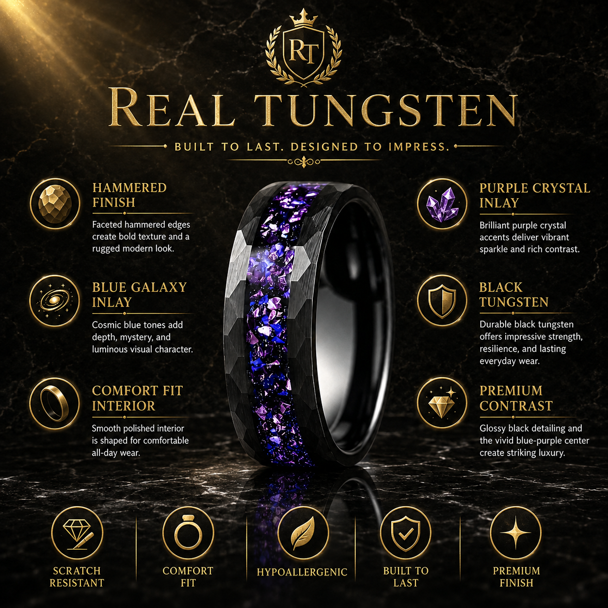 Hammered Tungsten Ring with Blue Galaxy & Purple Crystal Inlay