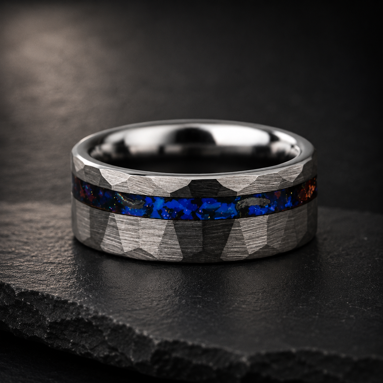 Hammered Tungsten Ring with Blue Glass Stone & Meteorite