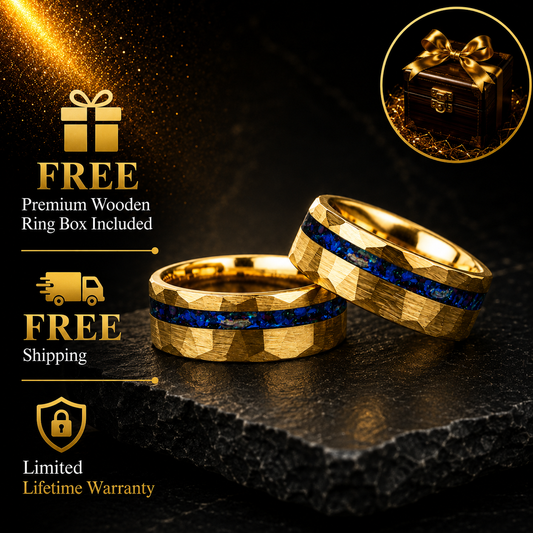 Hammered Tungsten Ring with Blue Glass Stone & Meteorite
