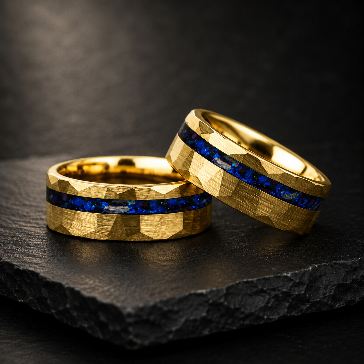 Hammered Tungsten Ring with Blue Glass Stone & Meteorite