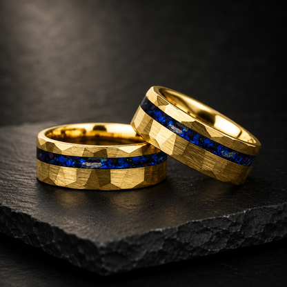 Hammered Tungsten Ring with Blue Glass Stone & Meteorite
