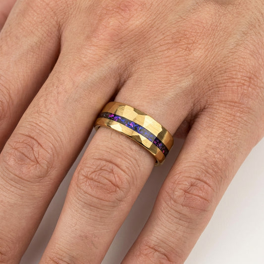 Hammered Tungsten Ring with Blue & Purple Opal Inlay
