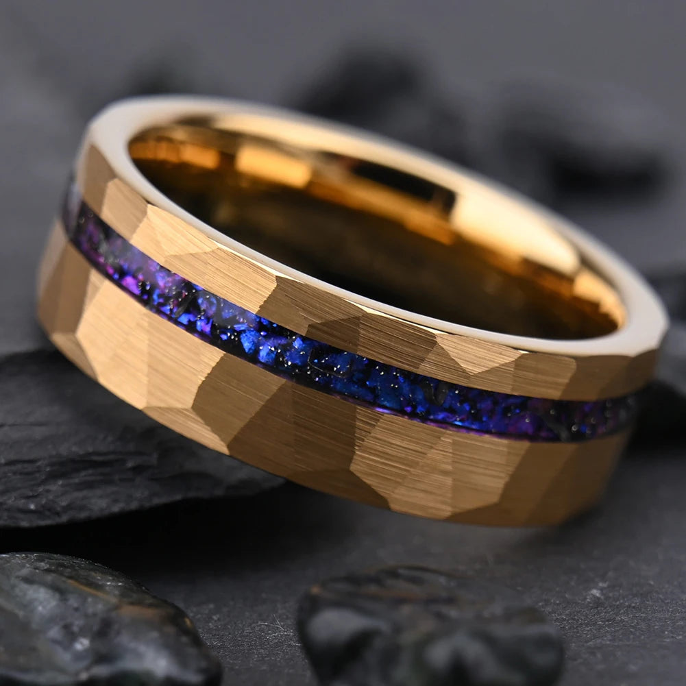 Hammered Tungsten Ring with Blue &amp; Purple Opal Inlay (8mm)