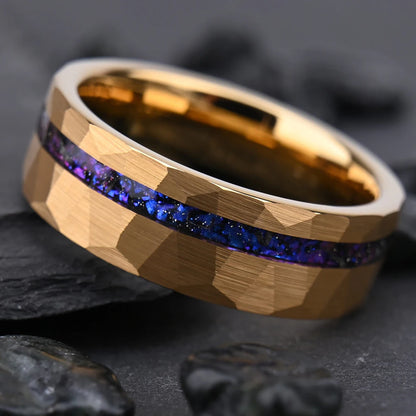 Hammered Tungsten Ring with Blue &amp; Purple Opal Inlay (8mm)