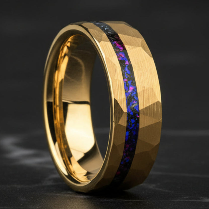 Hammered Tungsten Ring with Blue &amp; Purple Opal Inlay (8mm)