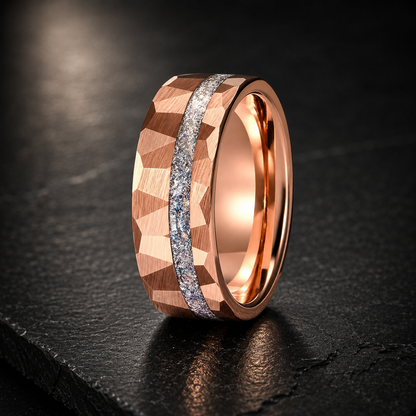 Hammered Tungsten Ring with Crushed White Opal Inlay