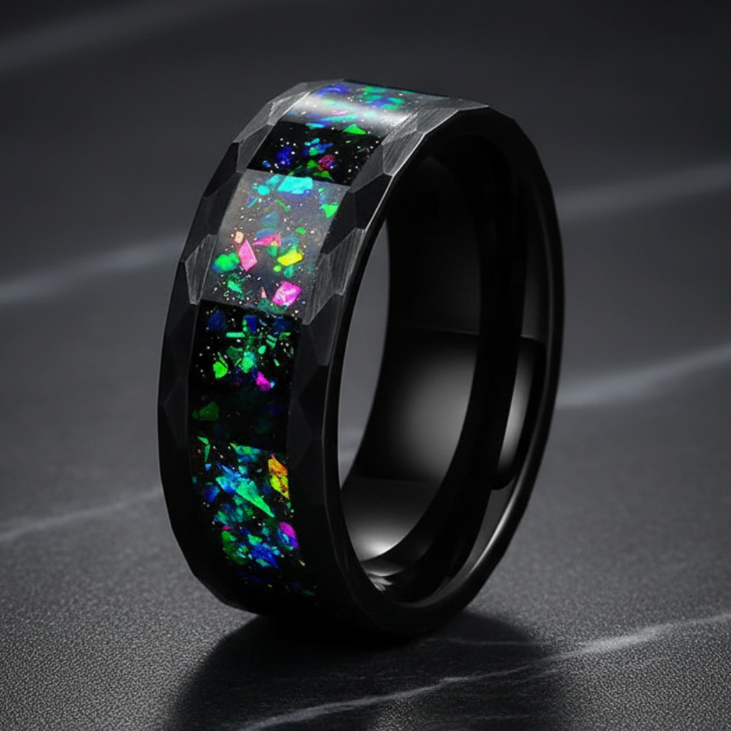 Hammered Tungsten Ring with Galaxy Opal 