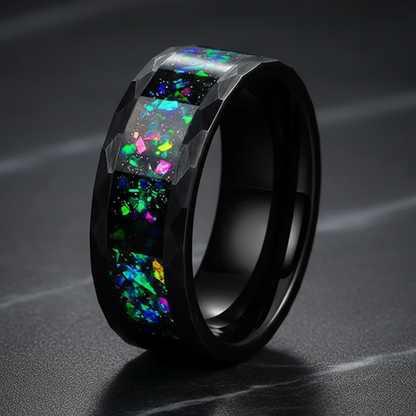 Hammered Tungsten Ring with Galaxy Opal 