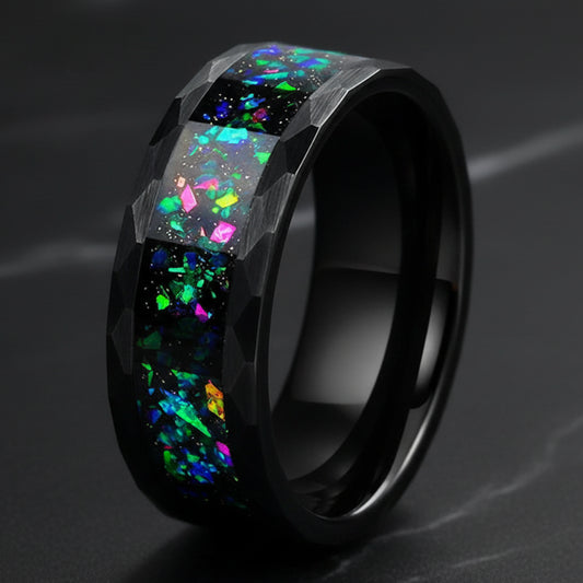 Hammered Tungsten Ring with Galaxy Opal 