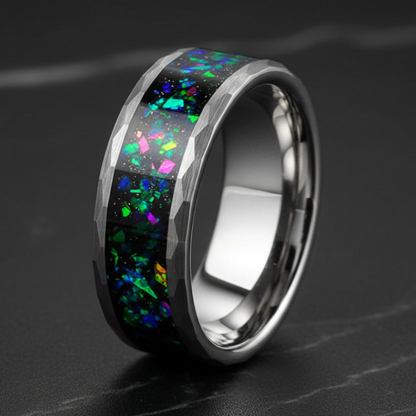 Hammered Tungsten Ring with Galaxy Opal 