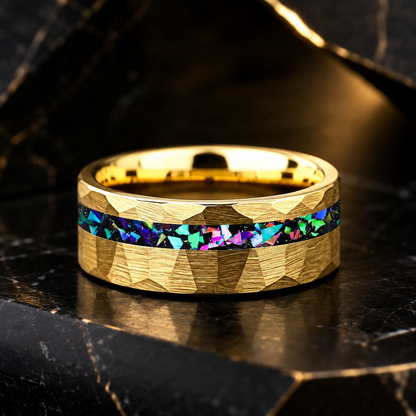 Hammered Tungsten Ring with Galaxy Opal Inlay