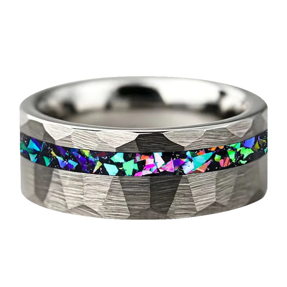 Hammered Tungsten Ring with Galaxy Opal Inlay