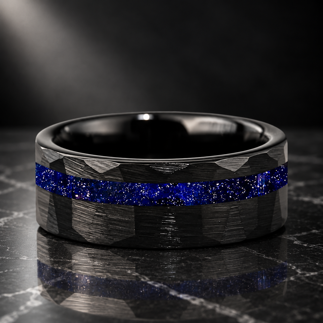 Hammered Tungsten Ring with Galaxy Sandstone Inlay