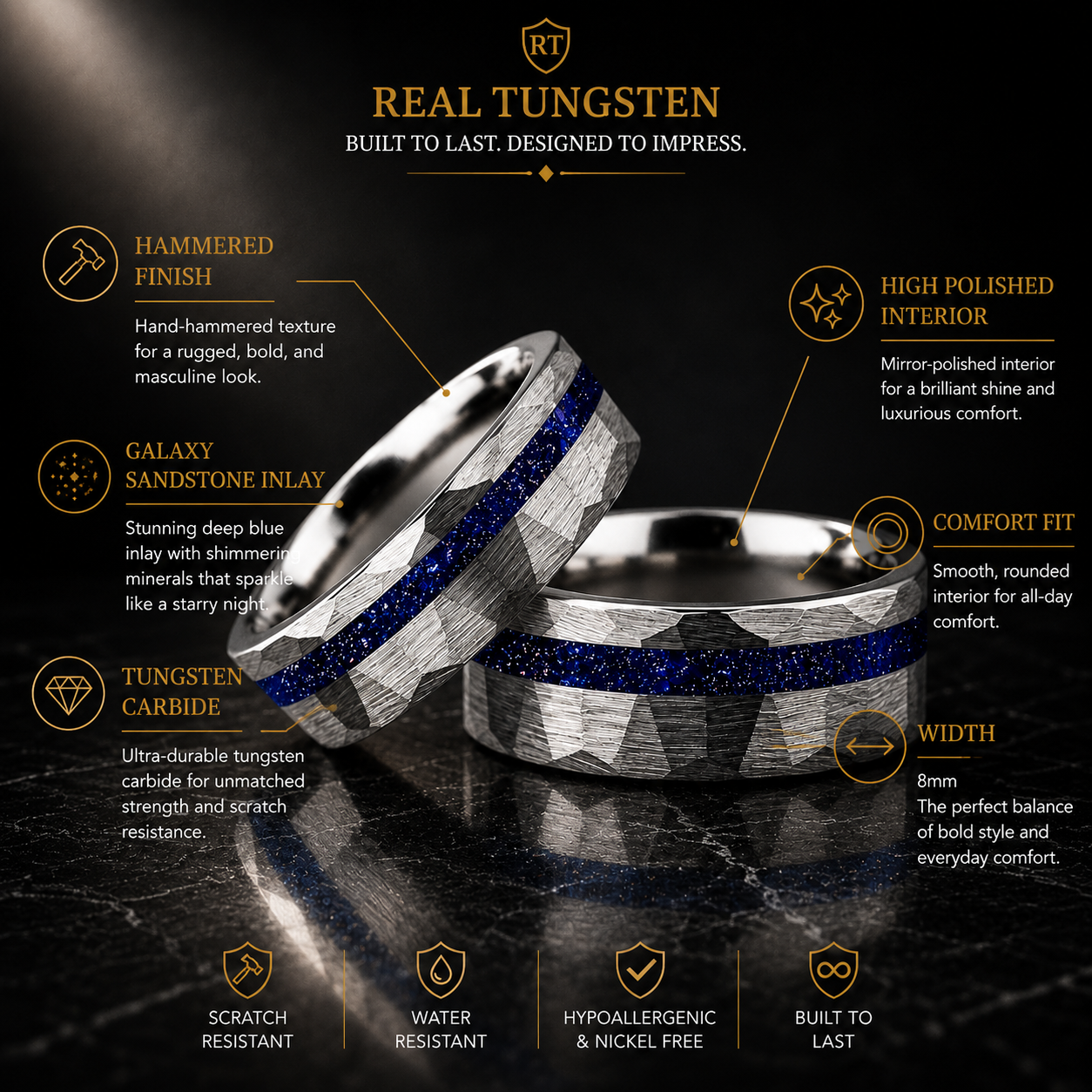 Hammered Tungsten Ring with Galaxy Sandstone Inlay