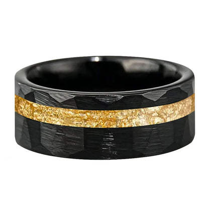 Hammered Tungsten Ring with Gold Foil Offset Groove Inlay