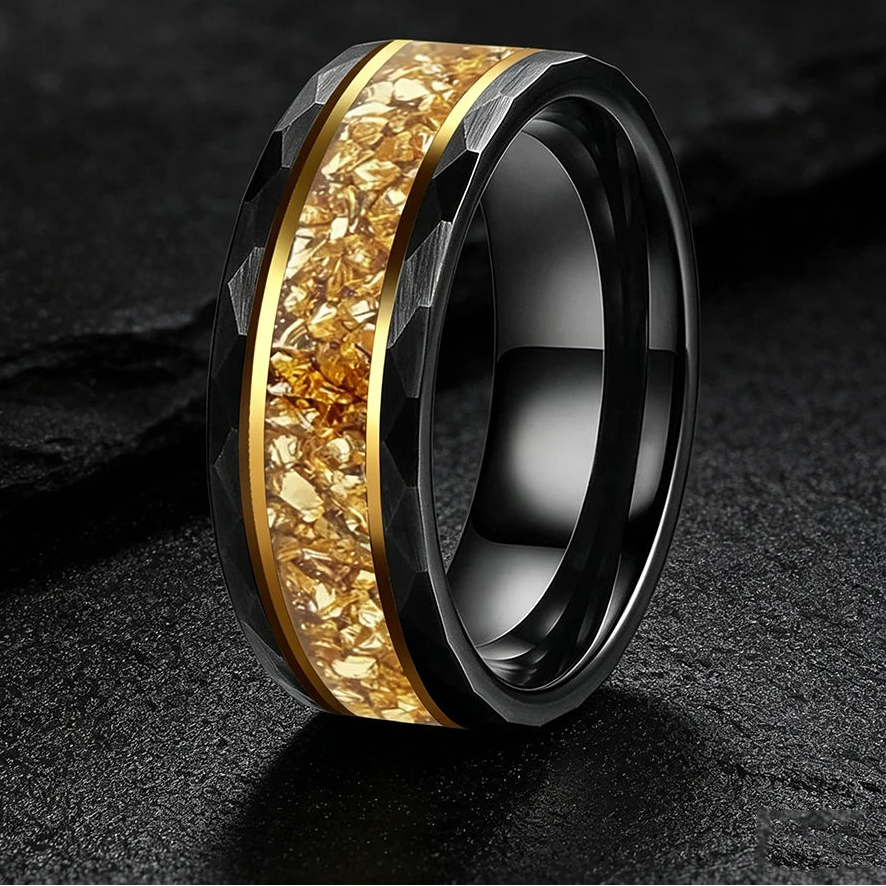 Hammered Tungsten Ring with Gold Crystal Inlay