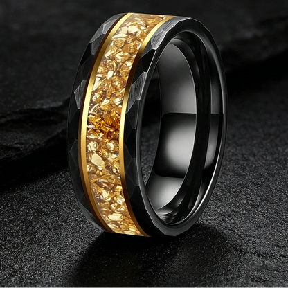 Hammered Tungsten Ring with Gold Crystal Inlay