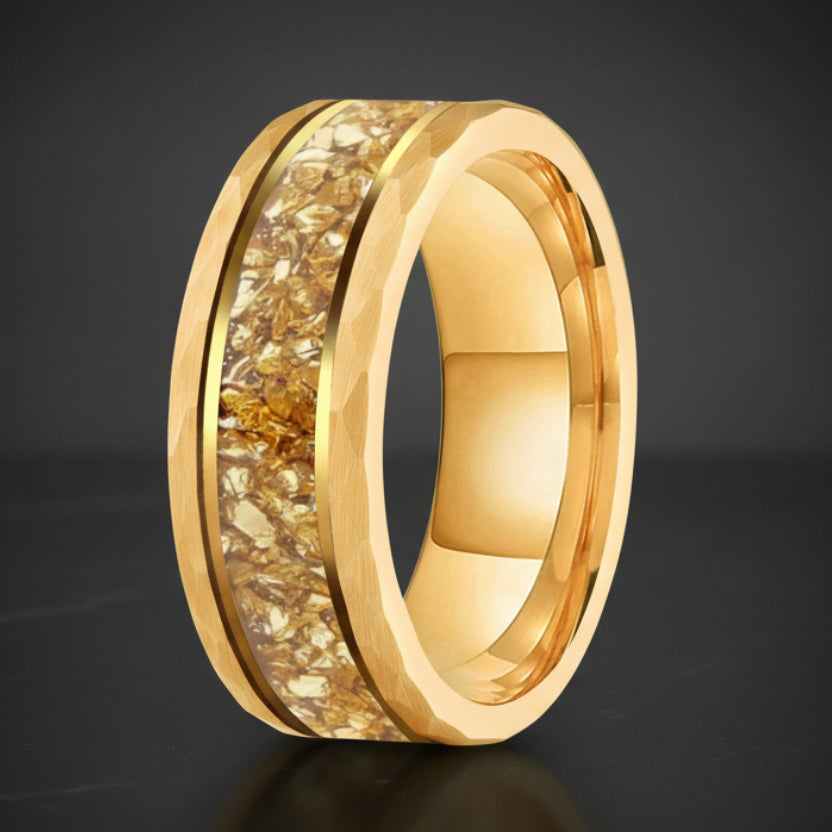 Hammered Tungsten Ring with Gold Crystal Inlay