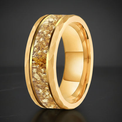 Hammered Tungsten Ring with Gold Crystal Inlay