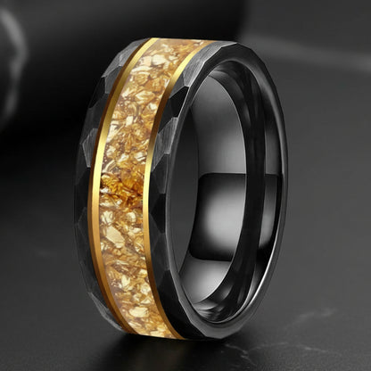 Hammered Tungsten Ring with Gold Crystal Inlay