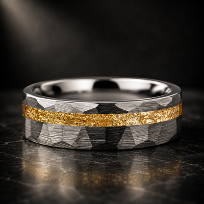 Hammered Tungsten Ring with Gold Foil Offset Groove Inlay