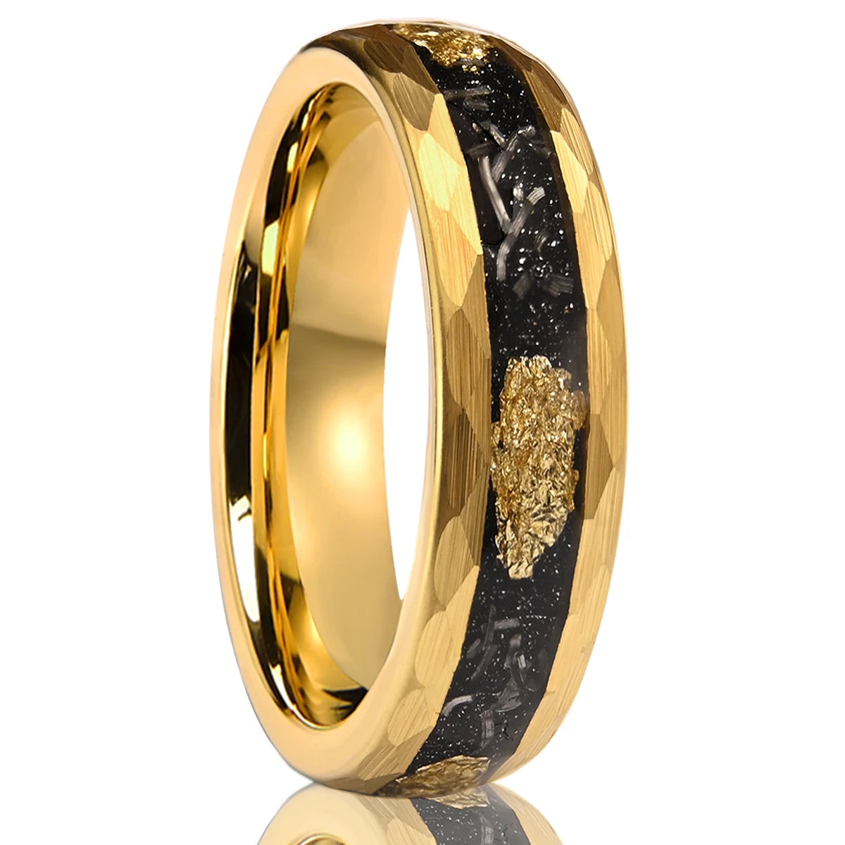Hammered Tungsten Ring with Gold Foil & Meteorite Inlay