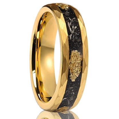 Hammered Tungsten Ring with Gold Foil & Meteorite Inlay