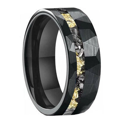 Hammered Gold Foil Meteorite Tungsten Wedding Band