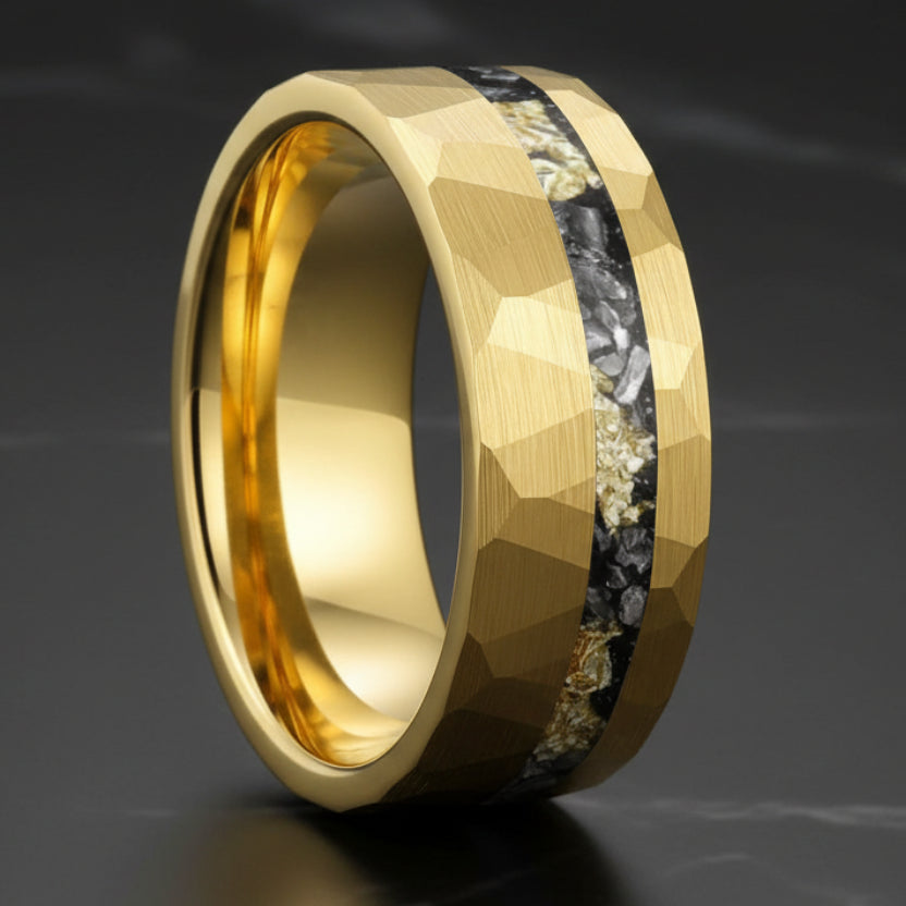 Hammered Tungsten Ring with Gold Foil Meteorite Inlay