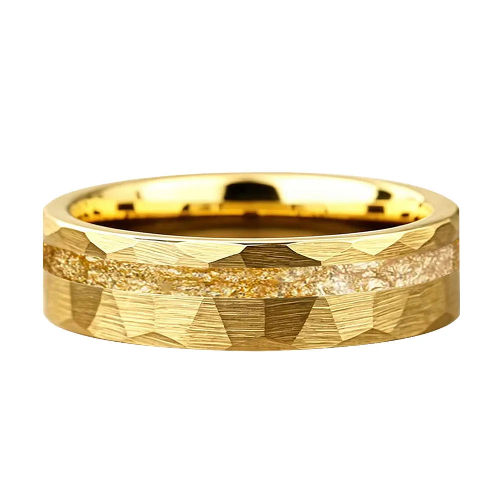 Hammered Tungsten Ring with Gold Foil Offset Groove Inlay