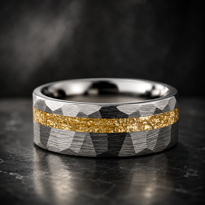 Hammered Tungsten Ring with Gold Foil Offset Groove Inlay