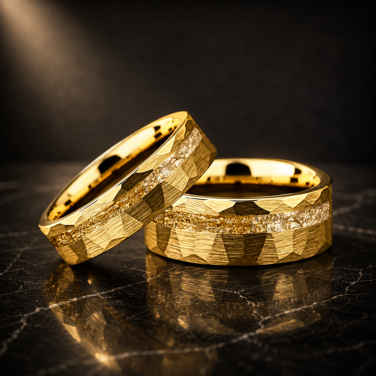 Hammered Tungsten Ring with Gold Foil Offset Groove Inlay