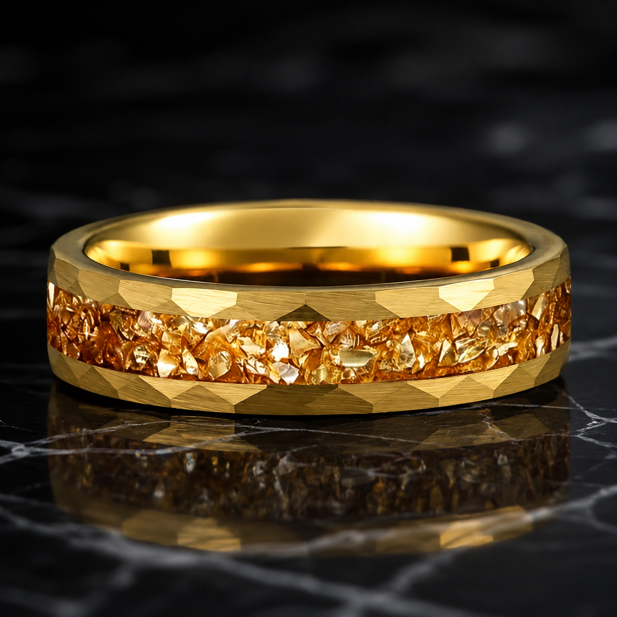 Hammered Tungsten Ring with Golden Crystal Stone Inlay