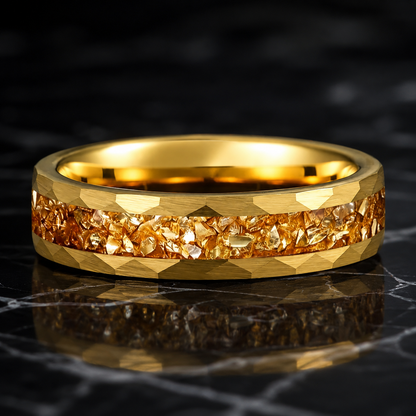 Hammered Tungsten Ring with Golden Crystal Stone Inlay