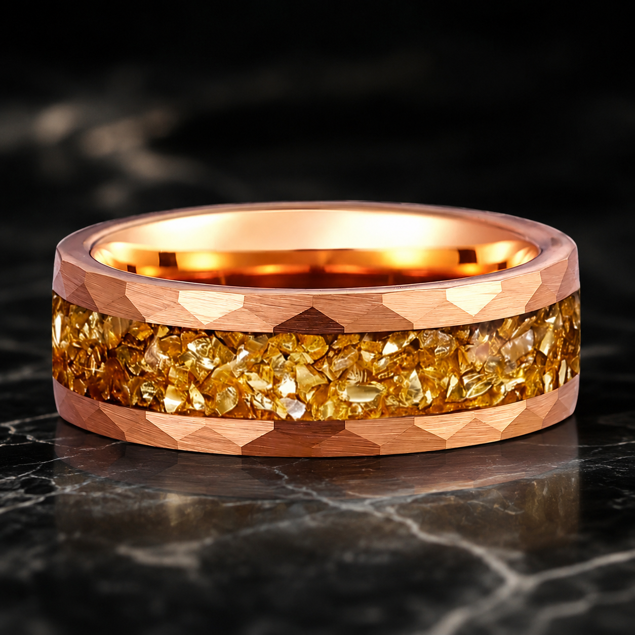 Hammered Tungsten Ring with Golden Crystal Stone Inlay