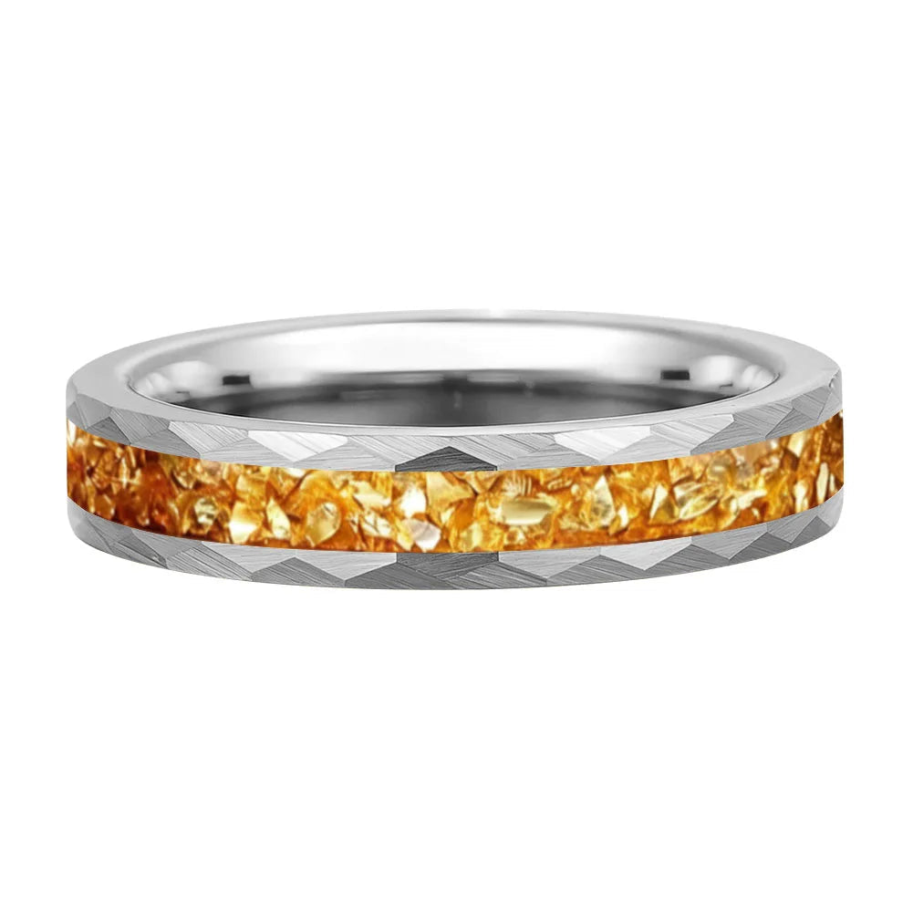 Hammered Tungsten Ring with Golden Crystal Stone Inlay