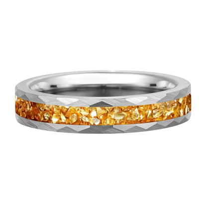 Hammered Tungsten Ring with Golden Crystal Stone Inlay