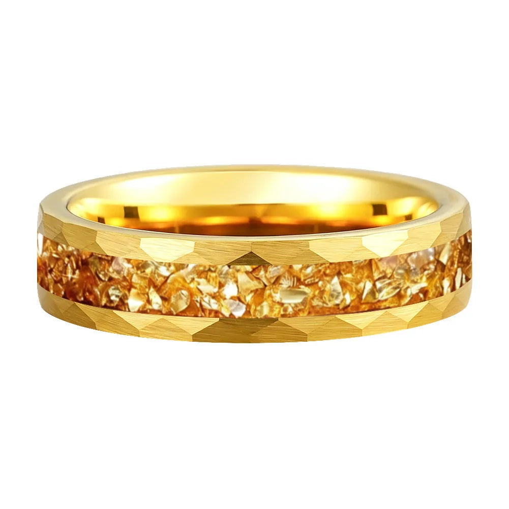 Hammered Tungsten Ring with Golden Crystal Stone Inlay